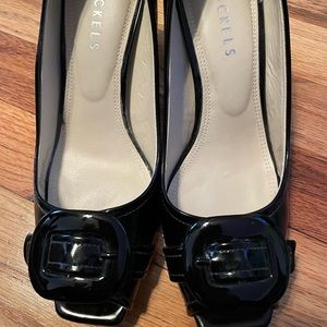 Nickels patent peep toe shoe